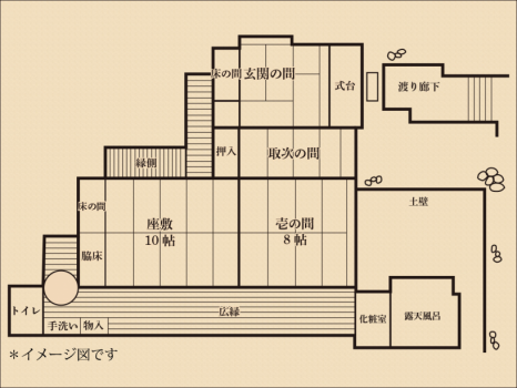 間取：貴賓室【武家屋敷 桜御殿】檜の温泉露天風呂付 ８７平米