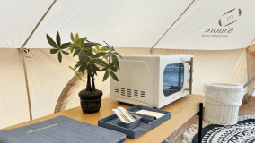 ◆オーシャンテント（ダブルベッド）　グランピングテントで唯一、電子レンジをテント内に完備！