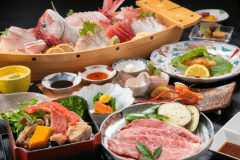 舟盛り、A5豊後牛ステーキ