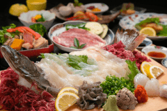 大分ヒラメ姿造り、A5豊後牛ステーキ