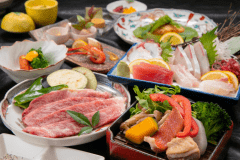 お造り5種盛り合わせ、A5豊後牛ステーキ、温泉地獄蒸し