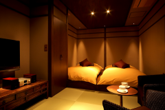 【睡蓮花（すいれんか）】掘りゴタツ付の6畳和室と10畳寝室、テラスの付いた露天風呂付客室です。