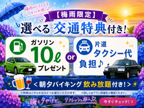 【梅雨限定】選べる交通特典付き！ガソリン10ℓプレゼントまたは新水俣駅からの片道タクシー代負担♪＜朝夕バイキング飲み放題付き！＞