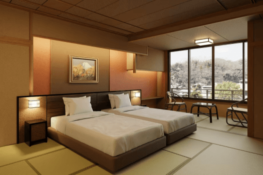 華月亭和室をリニューアルしました。ツインですがセルフでお布団2組敷くことが可能です。