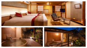 【禁煙】源泉かけ流し露天風呂付和モダンベッドルーム【桃】