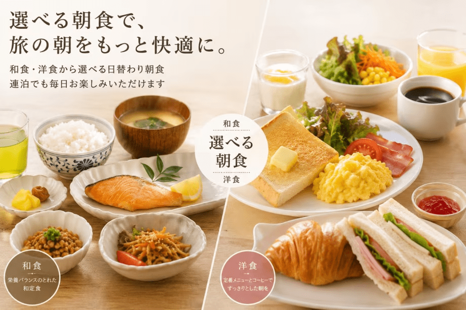 【和洋で選べる朝食】コーヒーと定番メニューの洋食。栄養バランスの良い健康的な和食。お好みで選べます。