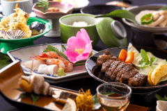 【魚介会席＋ステーキ】丹後のお魚を使用したお造りや、メインは柔らかい和牛を使用したステーキ！
