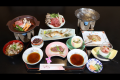 【夕食】「ジビエ御膳」上州牛のしゃぶしゃぶ、上州牛のステーキ、鹿肉のロースト、豚肉の味噌漬け、鮎の塩焼き、茶碗蒸し、町田農園の黒米ご飯※、肉汁うどん、季節のフルーツデザート　※白米もご用意できます