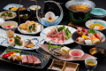 春のたちばな会席イメージです。黒毛和牛やみのう豚、春の旬食材「鮑」などの食材を使た料理がいただけます。