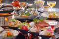 「仙台牛ステーキ」と「活き鮑酒蒸し」がメイン料理