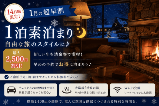 1月のご宿泊☆14日間限定の超早割先行予約《最大2,500円割引》お得に清泉寮を満喫♪《食事なし》※一部期間は除く