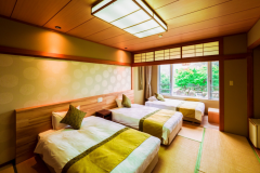 シングルベッド２台とソファベッド１台の１０畳の和室。トイレ・洗面所あり。アウトバスで温泉大浴場をご利用いただきます。和室のお部屋なので夏は涼しく冬はあったか