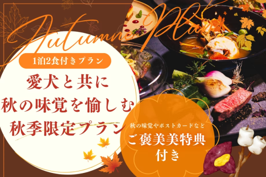 【秋季限定】 “肉球アートと美食で彩る 秋の記憶”ポストカードで残す愛犬の足跡と 熟成肉×地魚の選べる秋グルメコースを満喫 秋を愉しむ6大特典付きの優雅な秋旅ステイ