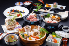 【あわしま会席】+【伝統の山賊鍋】+【上州牛ステーキ100g】レストラン食