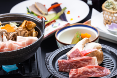 【老神温泉観光協会】【あわしま会席】+【伝統の山賊鍋】+【上州牛ステーキ100g】個室食事処確約