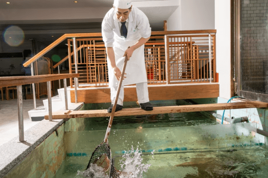 【生簀】美味しい旬のお魚が集まる波津漁港や鐘崎漁港から毎朝仕入れ。館内の生簀で鮮度抜群！