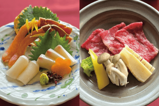 かに刺し、鰤造り、黒毛和牛陶板焼き（イメージ）