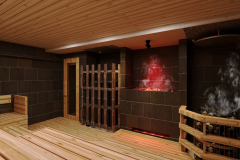 【平和台ホテル天神9F】男性専用パブリックサウナ「溶岩-Yogan-」100℃に近い室温に設定された灼熱のサウナ。 加湿装置により常に適切な湿度を保ち、短時間でも体を芯から温めます。