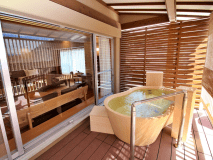 露天風呂付客室【心満月(ここみづき)】の客室露天風呂のお湯は温泉です。
木曽檜製のデザイン浴槽です。