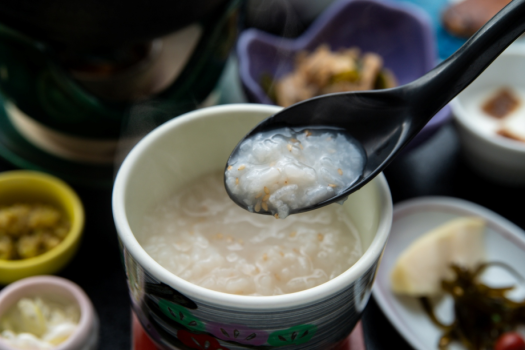 【ご朝食一例】当館自慢の「絶品おかゆ」ご賞味ください。