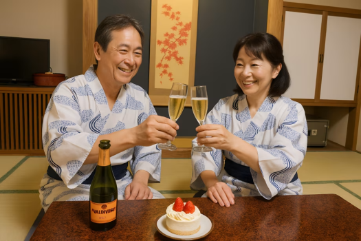 結婚記念日など、お部屋でサプライズケーキとスパークリングワインで乾杯