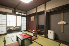 8畳タイプの和室です。こじんまりとした落ち着いたお部屋です。広縁の椅子は飛騨家具です。