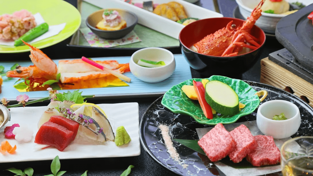 新)【直前割】この期間だけの特別価格！【足あか海老・鮑・黒毛和牛の彩り会席】～半露天風呂付客室