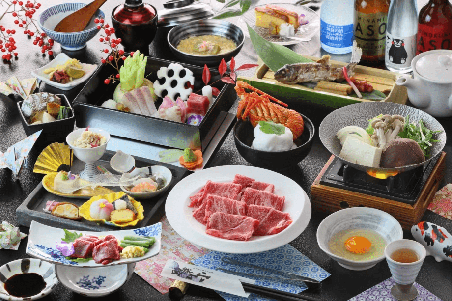 選べるあか牛の豪華会席_馬刺し、あか牛、イセエビ