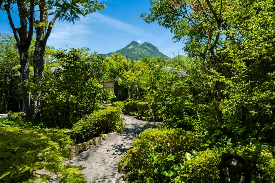 中庭から望む由布岳