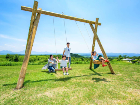 【屋外施設・草原ブランコ】草原ブランコは小国杉で出来ています！草原の向こうに阿蘇山とあか牛が・・