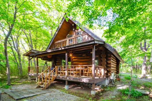 【森の奥、ログの離れへ】フロントから2kmの森の隠れ家！壮麗な丸太建築の離れ｜カナディアンレッド｜専用BBQデッキ付き【宿泊のみ】