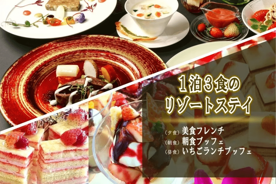【期間限定・曜日限定】1泊3食の贅沢リゾートステイ
夕食｜美食フレンチフルコース　朝食｜朝食ブッフェ　昼食｜いちごランチブッフェ
26年1月18日の自社いちご農園「マリッサベリーファーム」開園を記念した特別プラン。
マリッサリゾートのインクルーシブサービスを思う存分お愉しみください。