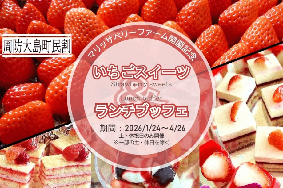 【周防大島町民割】 地元の皆さまへ感謝を込めて。 直前のご予約でもOK！ お得に、いちごブッフェをお楽しみください。 大人4,000円（通常4,400円）／小学生2,700円（通常2,970円）／3～5歳1,800円（通常1,980円） （画像はデザートイメージです）