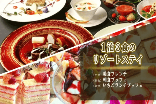 【期間限定・曜日限定】1泊3食の贅沢リゾートステイ
夕食｜美食フレンチフルコース　朝食｜朝食ブッフェ　昼食｜いちごランチブッフェ
26年1月18日の自社いちご農園「マリッサベリーファーム」開園を記念した特別プラン。
マリッサリゾートのインクルーシブサービスを思う存分お愉しみください。