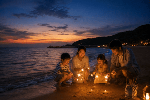 お子様も笑顔になる、砂浜での手持ち花火。ご家族だけの特別な夏の思い出を。 お子様も笑顔になる、砂浜での手持ち花火。ご家族だけの特別な夏の思い出を。