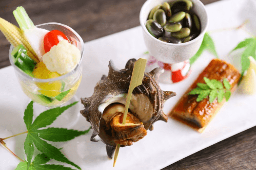 前菜一例 旬のお野菜と温泉水のひたし豆