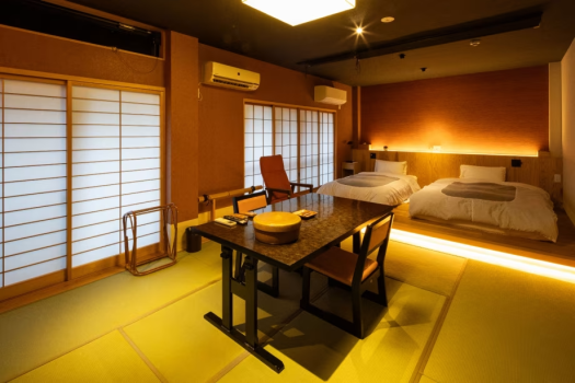 Main building, 2nd floor, Japanese-Western style room with twin beds and cypress bath