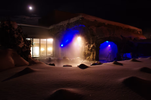 雪の結晶輝く月夜の露天風呂
