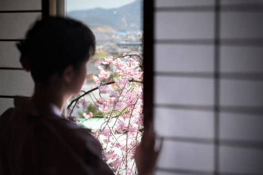 部屋の窓からは琴平の町と桜を望む（富士見台和洋特別室）