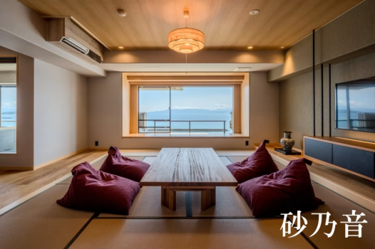 【露天風呂付きモダン和洋室 ～砂乃音～】窓際のヌックで昼は景色、夜は星空をお愉しみいただけます。和の趣を取り入れた67㎡の和洋室です。