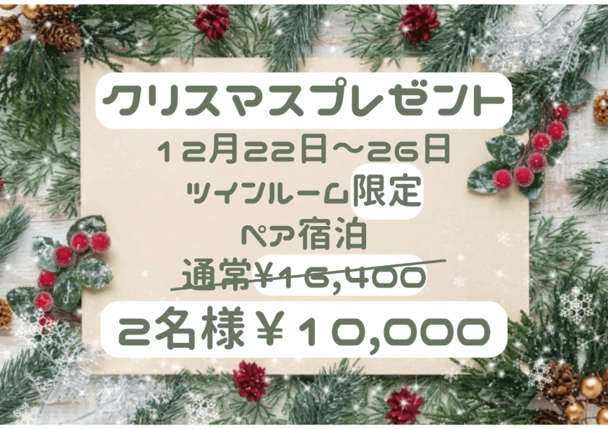 【クリスマスプレゼント】12月22日～26日　ツインルーム　ペア宿泊限定！