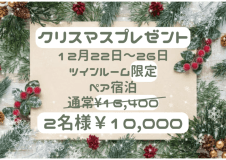 【クリスマスプレゼント】12月22日～26日　ツインルーム　ペア宿泊限定！
