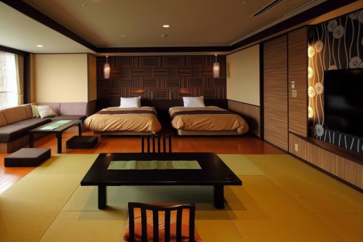 松花亭 和洋室｢星あかり｣　　 角部屋に位置する、開放感あふれる広めの和洋室。仕切りのない一体型の空間は、ご家族やグループでのご利用にも最適です。ゆったりとした時間をお過ごしください。