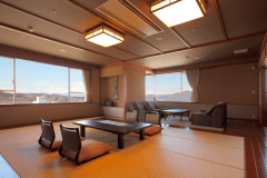 松花亭 特別室｢団欒｣または｢集｣　　
角部屋に位置し、開放感に満ちた和洋室タイプ。伊香保温泉街の街並みから、遠く草津白根山までを望む眺望が広がり、四季折々の美景をお楽しみいただけます。