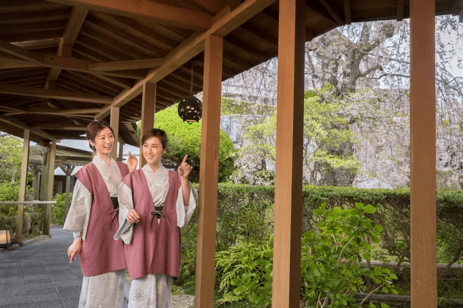 三の湯へ続く渡り廊下は、滝の音や優雅に泳ぐ鯉、季節の景色が愉しめます。