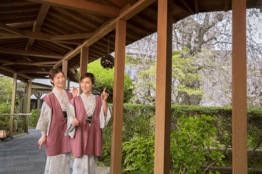 三の湯へ続く渡り廊下は、滝の音や優雅に泳ぐ鯉、季節の景色が愉しめます。