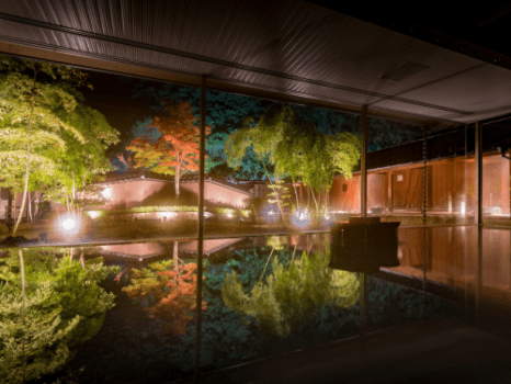 紅葉の湯　内湯　湯船にもみじが上下反転した形で映り込み、素敵な写真が撮れました