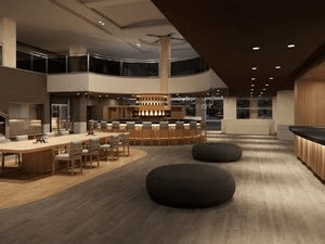 The lobby lounge underwent partial renovations in July. We installed a solid wood table and a circular drink counter at the back.