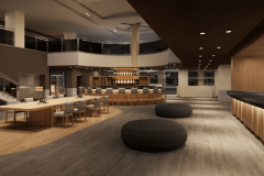 【ロビーラウンジ】ロビーラウンジを2025年7月に一部リニューアル。一枚板のテーブルと奥に円形のドリンクカウンターを設えました。