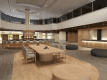 The lobby lounge underwent partial renovations in July. We installed a solid wood table and a circular drink counter at the back.